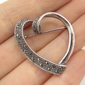 .925 SILVER HEART PIN MARCASITE ENCRUSTED OPEN RIBBON HEART STERLING VINTAGE